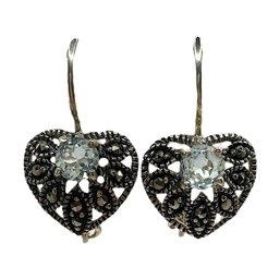 Sterling Silver Vintage Marcasite Heart Dangle Earrings With Aqua Gemstone Center