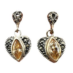 Vintage Sterling Silver Marcasite Heart Dangle Earrings With Citrine Gemstone Center