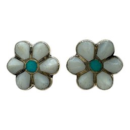 Vintage Sterling Silver Mother Of Pearl And Turquoise Daisy Stud Earrings