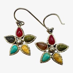 Vintage Sterling Silver BARSE Multicolored Stone Flower Dangle Earrings