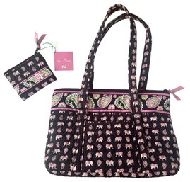 Vintage Vera Bradley Pink Elephant Shoulder/Tote Bag With NWT Matching Coin Purse