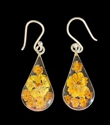 Vintage Mexican Sterling Silver Pressed Flowers Dangle Earrings