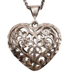 Sterling Silver Chunky Rolo Chain Necklace With Mexican Lattice Heart Pendant