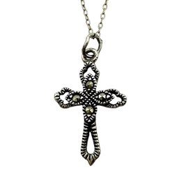 Vintage Sterling Silver Vermeil Chain With Marcasite Cross Pendant Necklace