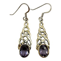 Vintage Sterling Silver Vermeil Celtic Knot Dangle Earrings With Oval Amethyst Gemstone Accent