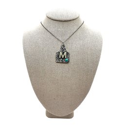 Vintage Sterling Silver Cable Chain Necklace With Decorative M Pendant And Round Turquoise Stone