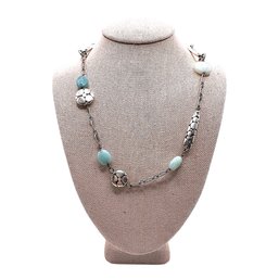 Sterling Silver Aqua And Ornate Decorative Beaded Necklace