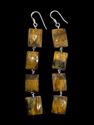 Beautiful Sterling Silver Natural Tiger's Eye Faceted Stone Dangle Earrings