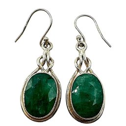 Vintage Sterling Silver Emerald Green Faceted Stone Dangle Earrings