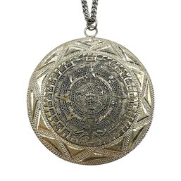 Vintage Large Mexican Sterling Silver Mayan Calendar Pendant On Chain Necklace