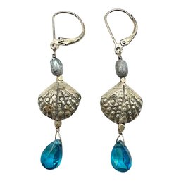 Sterling Silver Seashell Dangle Earrings With Clear Blue Beaded Accent