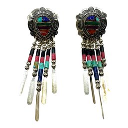 Vintage QT Native American Sterling Silver Multi Color Fringe Dangle Earrings