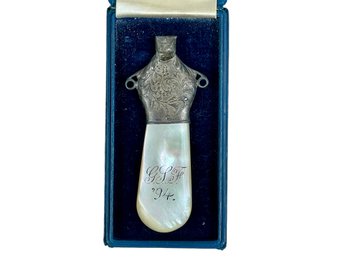 Victorian Sterling Silver & Mother Of Pearl Baby Rattle/Whistle