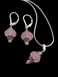 Vintage Sterling Silver TINA BARRY DESIGNS Rose Quartz Dangle Earrings And Necklace Set