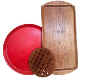 Mid Century Danish Teak Tray, Swedish Painted Red Wood Tray And Teak Trivet