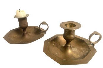 Pair Of Antique / Vintage Brass Finger Hole Candle Holders.