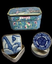 Lot Of 3 Hand Painted Pill/trinket Boxes- 2  Appear To Be Porcelain On Top