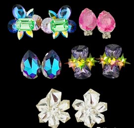 1970's- 1980's  Five  Pairs Of Reflective  Prism Crystal Clip Earrings