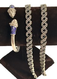 Vintage Sterling Silver Bracelet Lot 2 Marcasite 925 - Lion Head Enameled Sterling Cuff ( READ Description)