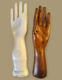 Vintage Hands, One Carved Articulated Wooden Hand Paired With A Vintage Porcelain Hand Mold