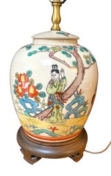 A Vintage Ceramic Ginger Jar Hand Painted Asian Table Lamp With Carved Finial With Shade