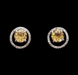 Vintage Sterling Silver Citrine Color Stud Earrings