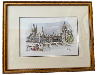 Anne Murray Signed Watercolor Houses Of Parliament & Big Ben & Westminster Bridge