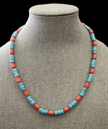 Vintage Sterling Silver Southwestern Long Turquoise/Coral Color Beaded Necklace