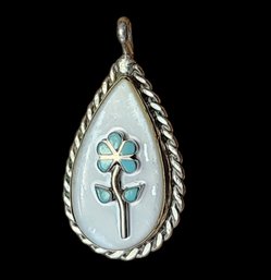 Vintage Sterling Silver Turquoise Color Flower Inlay Pendant