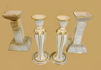 Two Pairs Of Vintage Porcelain Candlesticks