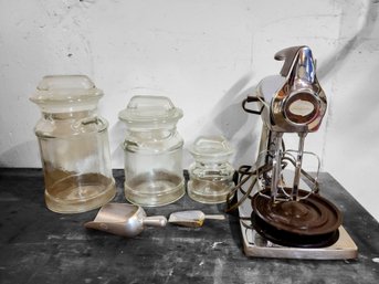 Sunbeam Mixer Paired With Trio Of Vintage Glass Canisters And Scoops