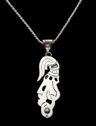 Vintage Italian Sterling Silver Necklace W/ Taxco Mexico Aztec Style Pendant