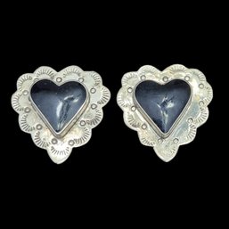 Vintage Sterling Silver Taxco Mexico Onyx Color Heart Clip On Earrings