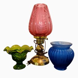 Pink Glass And Brass Hurricane Style Lamp With Viking Green Glass Bowl