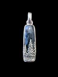 Vintage Sterling Silver Signed Pine Trees Blue Agate Stone Pendant