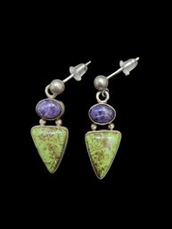 Beautiful Vintage Sterling Silver Purple Green Agate Stone Earrings