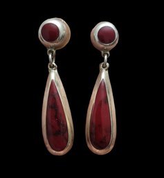 Gorgeous Vintage Taxco Sterling Silver Red Agate Stone Dangle Earrings