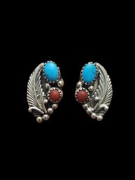 Gorgeous Vintage Native American Navajo Sterling Silver Turquoise Coral Color Earrings