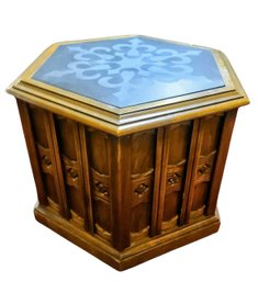 Vintage MCM Drexel Spanish Revival Hexagonal Shaped Table/ Storage Cabinet  (2 Of 2) With Etched Slate Top