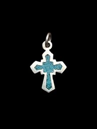 Vintage Sterling Silver Turquoise Color Inlay Cross Pendant