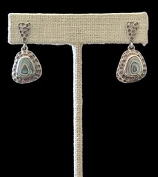 Vintage Designer Sterling Silver Hammered Abalone Dangle Earrings