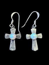 Vintage Sterling Silver Opal Color Cross Earrings