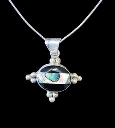 Beautiful Vintage Long Italian Sterling Silver Chain W/ Abalone Onyx Color Mexican Pendant