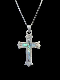 Vintage Italian Sterling Silver Chain With Mexican Abalone Inlay Cross Pendant