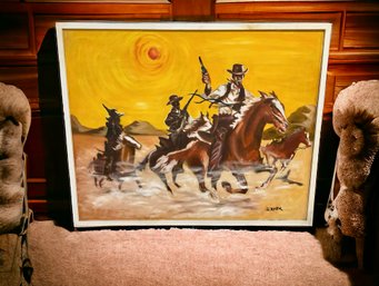 Vintage, Large 4 Ft  Cowboy Oil Painting