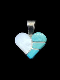 Vintage Sterling Silver Native American Zuni Turquoise / Mother Of Pearl Color Inlay Heart Pendant