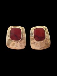 Vintage Sterling Silver Hammered Red Agate Stone Earrings