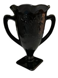 1930's Black Amethyst Glass L. E. Smith Handled Trophy Vase Embossed Dancing Nymph Scene  7' H