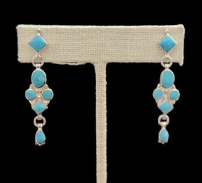 Beautiful Vintage DL Native American Sterling Silver Turquoise Color Dangle Earrings