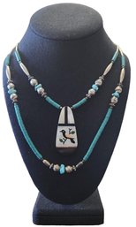 Vintage Native American Liquid Sterling Silver Turquoise Color Beaded Mother Of Pearl Bird Inlay Necklace